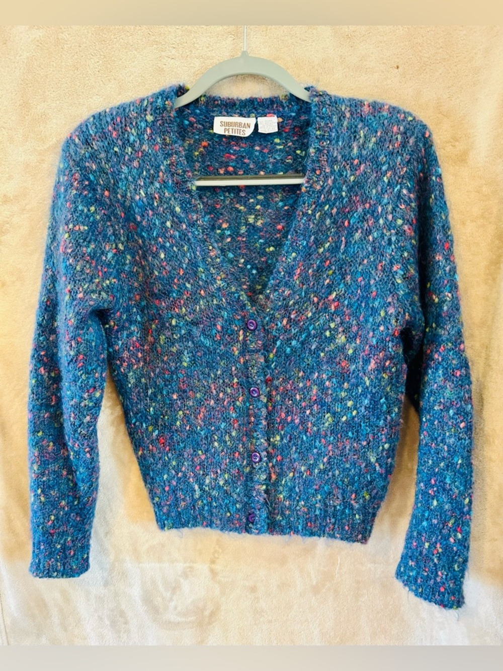 Vintage Suburban Petites Mohair Blend Cardigan Blue Speckled Knit P/M